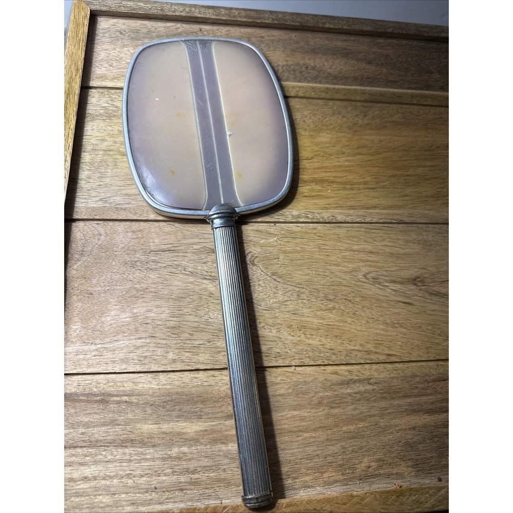 Art Deco Vintage Metal  Vanity Hand  Mirror 12"